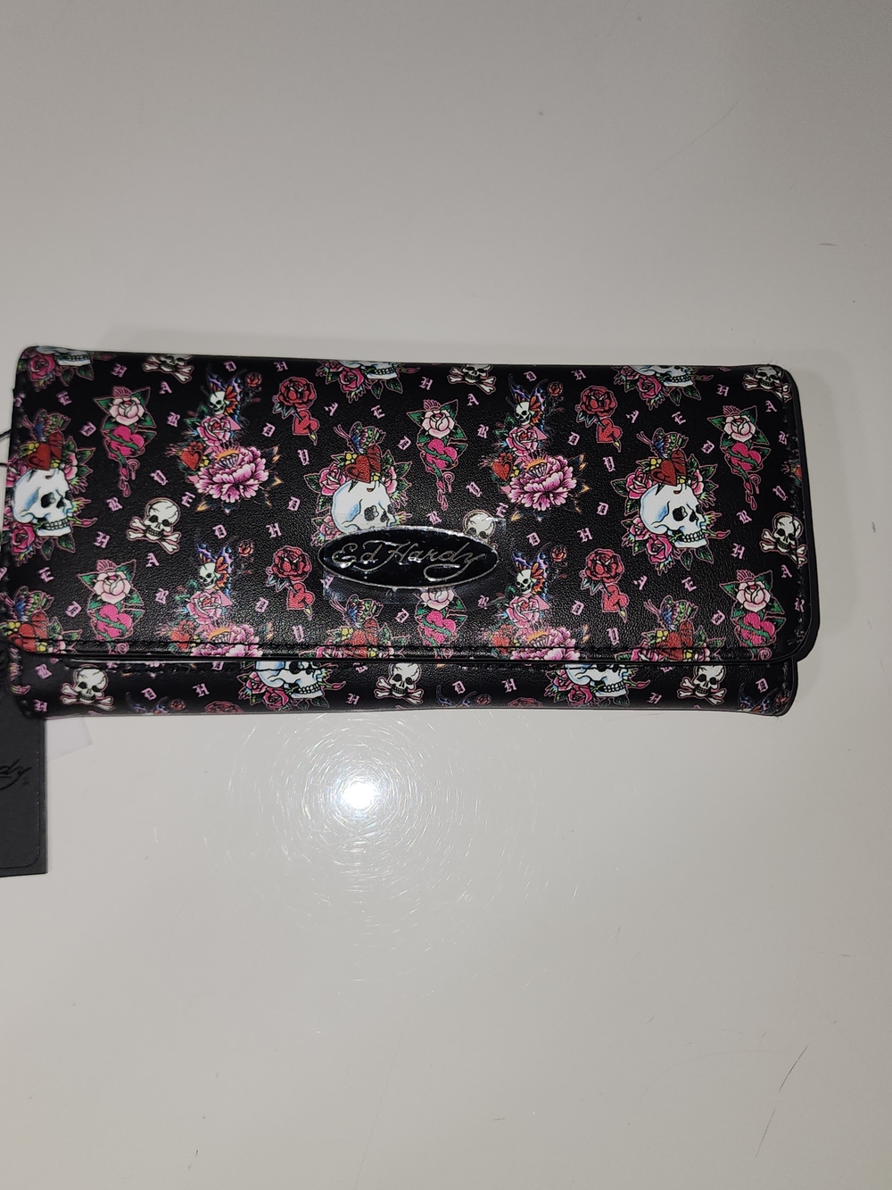 Ed Hardy Black Skull & Pink Floral Fold-Over Wallet